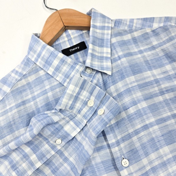 Theory‎ Mens Large L Linen Blend Blue White Gingham Check Button Shirt - Picture 1 of 8